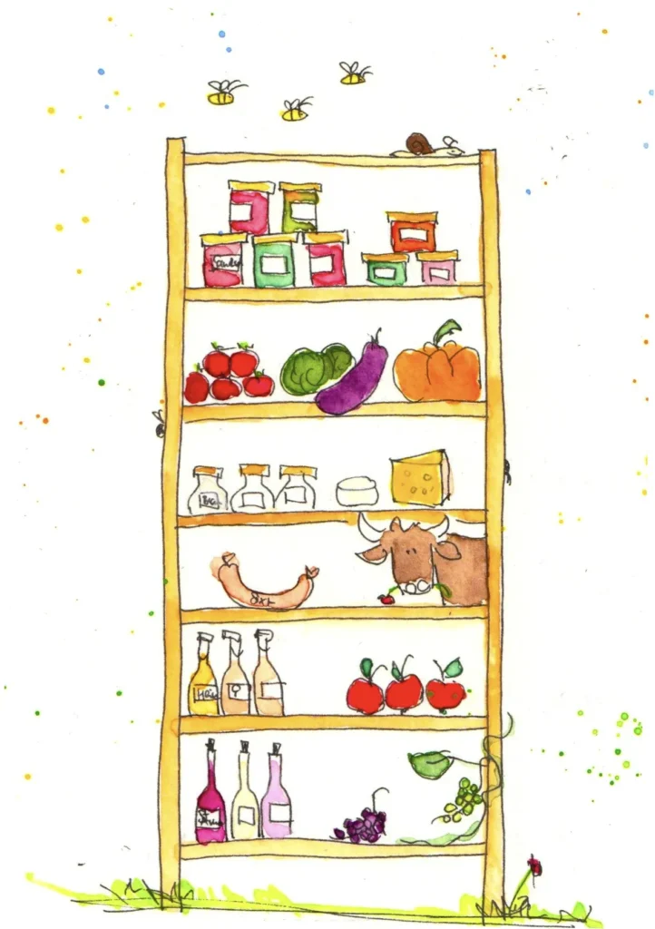 Illustration: Regal mit verschiedenen Lebensmitteln
